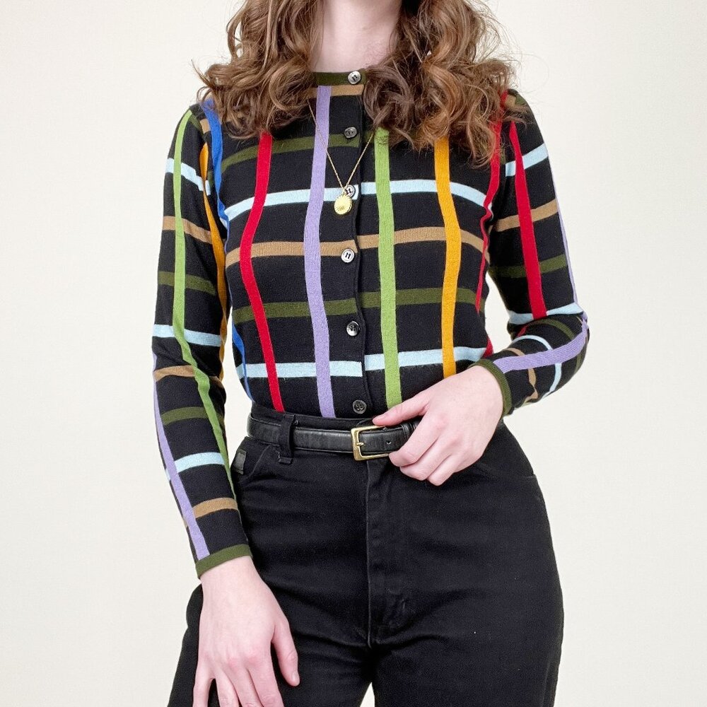 Vintage Plaid Knit Wool Crop Cardigan Sweater Preppy Colorful Rainbow Cropped - Picture 6 of 6
